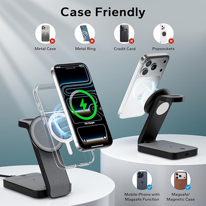 Eazpower 3 in 1 Foldable Wireless Charging Station for MagSafe, Nightstand Magnetic Charger Stand for iPhone 17 16 15 14 Pro Max, Travel Charging Dock with Night Light for Apple Watch/AirPods (Black)