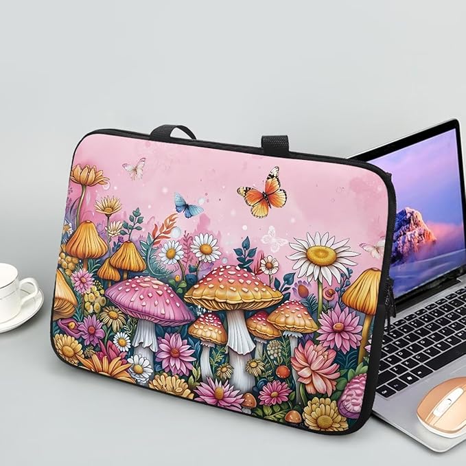 15 Inch Mushroom Butterfly Laptop Sleeve Cover Computer Bag Tablet Carrying Case with Handle, Water-Repellent Tote Bags Notebook Sleeves Handbag Messenger Briefcase Shoulder Bag