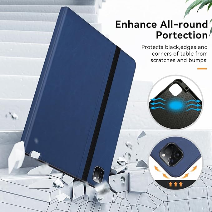 Zonefoker for New iPad Pro 12.9 Case 6th/5th/4th/3rd Generation 2022/2021/2020/2018, 12.9 inch ipad Pro Leather Folio Cover with Pencil Holder, Multi-Angle Viewing Stand, Auto Wake/Sleep, Navy Blue