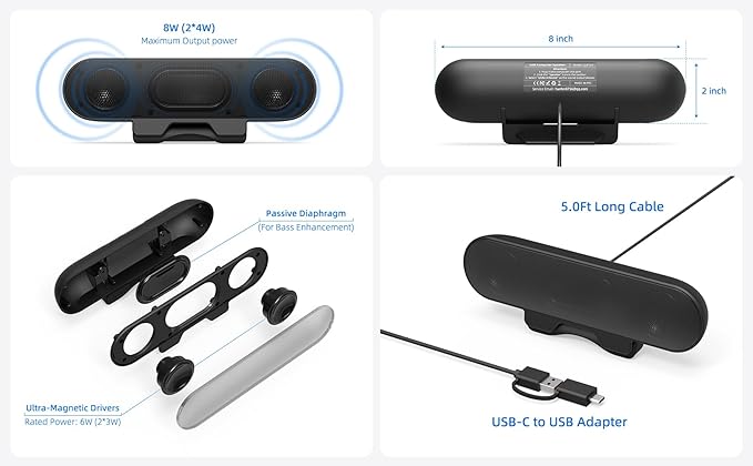Computer Speakers for Desktop PC Monitor, External Speakers for Laptop, USB-Powered, Plug-n-Play, Wired, Clip-On, Small Computer Soundbar for PC, with Loud Sound, Rich Bass, G-Sensor, USB-C Adapter