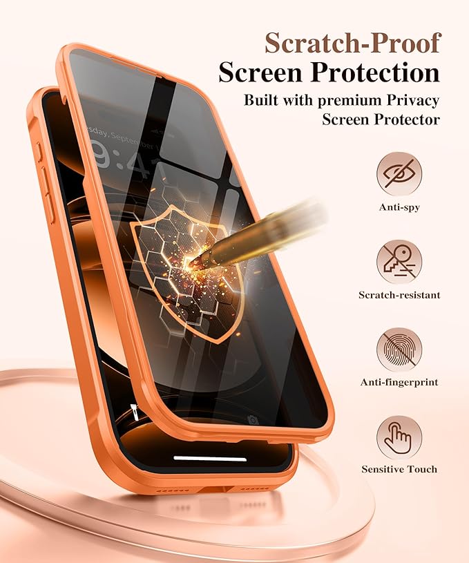 BERFY for iPhone 17 Pro Case, Compatible with MagSafe, Built in Privacy Screen Protector, Shockproof Full Body Phone Case for 17 Pro with Magnetic Stand, Translucent Orange
