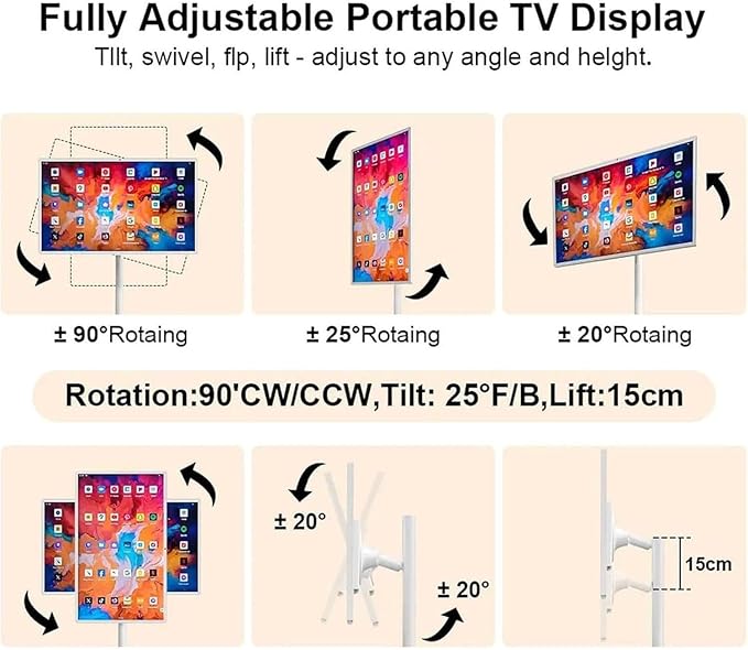 4K Smart Portable TV On Wheels, Touch Screen Monitor with 4K HD Display, Android 13 OS, Full Swivel Rotation, Dual Speakers & Wireless Connectivity for Home/Office/Travel 27in-4G64G