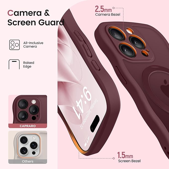 CAPRARO for iPhone 15 Pro Max Case with 360° Spin Magnetic Stand for Women, [Compatible with MagSafe] [Full Camera Protection] Cute Wave Translucent Matte Case for iPhone 15 Pro Max, Wine Red