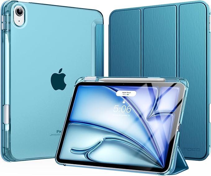 MoKo for iPad Air 11 inch Case (M4/M3/M2) 2026/2025/2024, iPad Air 5th/4th Gen 10.9 inch Case 2022/2020 with Pencil Holder, Slim Light Trifold Cover with Hard PC Translucent Back Shell, French Blue