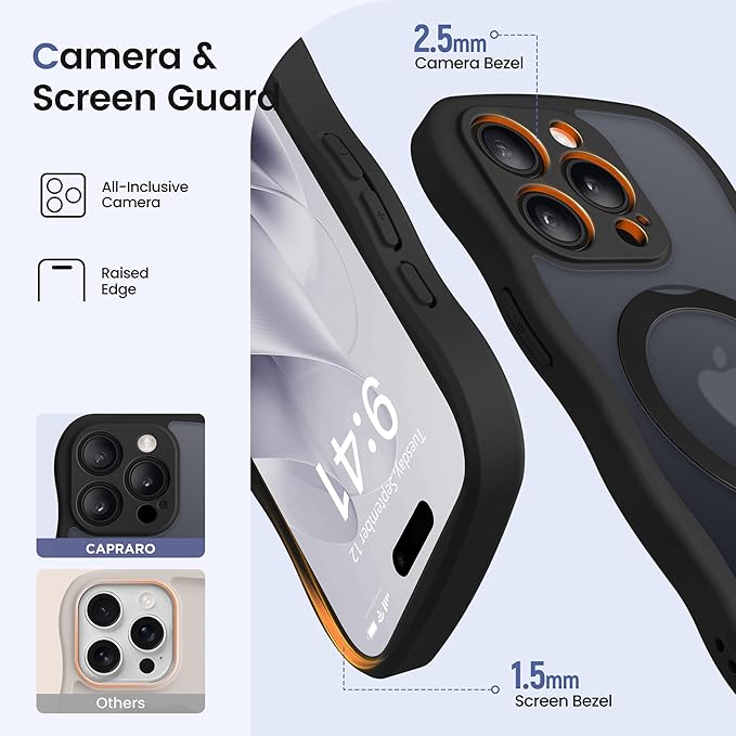 CAPRARO for iPhone 15 Pro Max Case with 360° Spin Magnetic Stand for Women, [Compatible with MagSafe] [Full Camera Protection] Cute Wave Translucent Matte Case for iPhone 15 Pro Max, Black