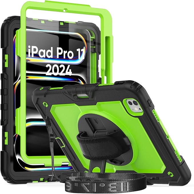 iPad Pro 11 Case 2024 Model A2836/A2837/A3006 with Screen Protector | Shockproof Rugged Protective Case W/Stand Hand Strap Shoulder Strap Support Apple Pencil Pro Charging | Green