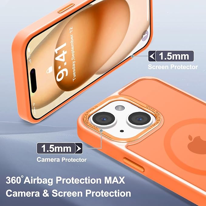Newfuture Magnetic for iPhone 15 Case [Compatible with Magsafe] [Military Grade Drop Protection] Translucent Matte Anti-Fingerprint Shockproof Phone Case for iPhone 15 6.1 inch, Orange
