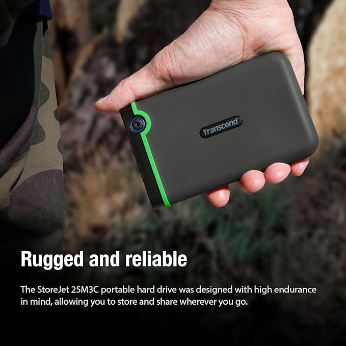 Transcend StoreJet 2TB Rugged External Hard Drive, for PS4/PC/Mac/Desktop, Laptop/Xbox One/Xbox 360, USB3.1Gen1(5Gbps) Type-C Portable HDD/One Touch Auto-Backup Button/Anti-Shock Resistant-TS2TSJ25M3C