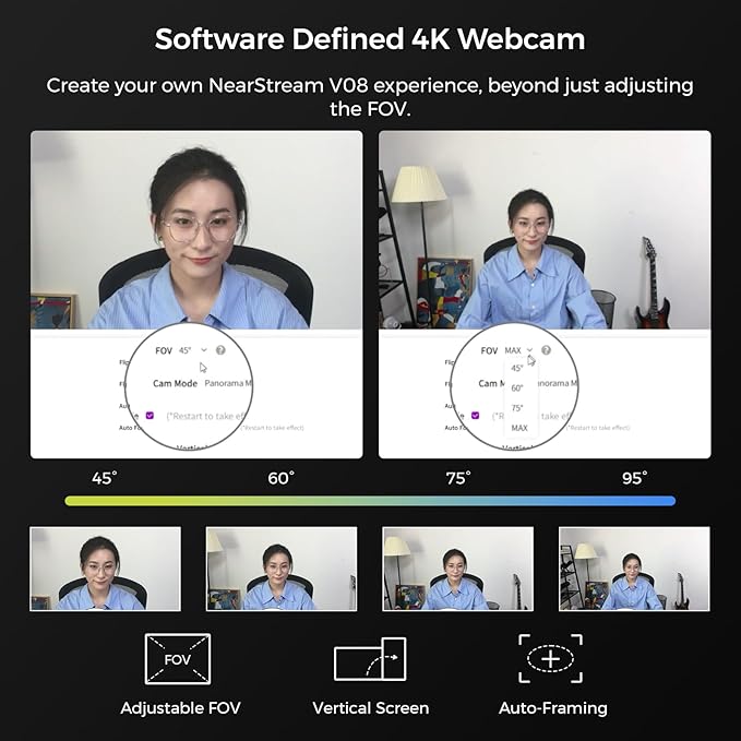 NearStream 4K Webcam for PC, HDR 1080P 60FPS Streaming Webcam with Noise Canceling Mic, Software Control, 45°-95°Adjustable FOV, Auto Focus, AI Framing, Works with Google Meet/Zoom/Skype (V08AF)