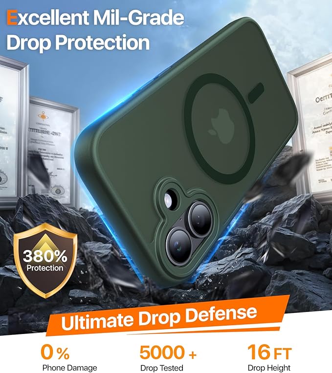 Magnetic for iPhone 17 Case,[Anti-Slip][Compatible with MagSafe][Military Grade Drop Protection] Shockproof Protective Translucent Matte Phone Case for iPhone 17 Case,Forest Green