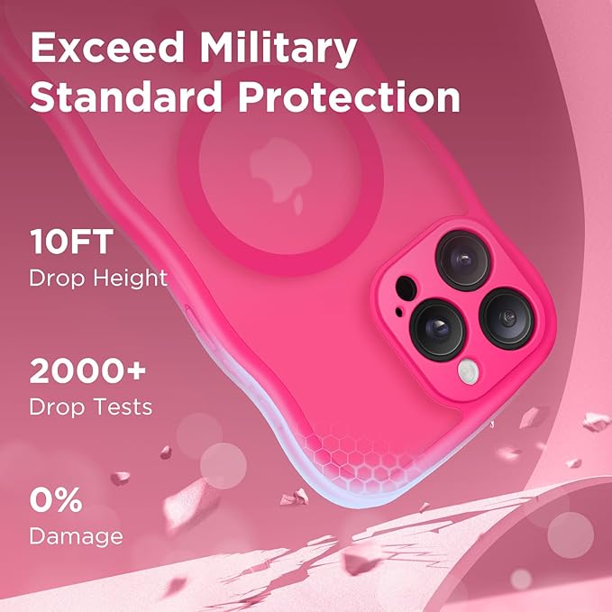 CAPRARO for iPhone 16 Pro Max Case for Women Girls, Upgraded [Full Camera Protection] [Compatible with MagSafe] Cute Wave Translucent Matte Phone Case for iPhone 16 Pro Max, Hot Pink
