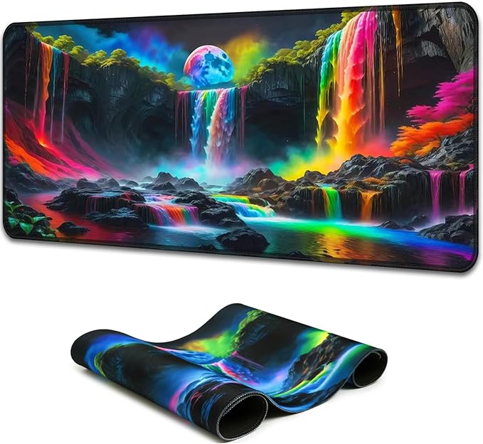 Simpkeely Large Fantasy Waterfall Gaming Mouse Pad - Blacklight Waterproof Glowing Desk Mat, 31.5" x 11.8" Extended Non-Slip Rubber Base for Office & Home