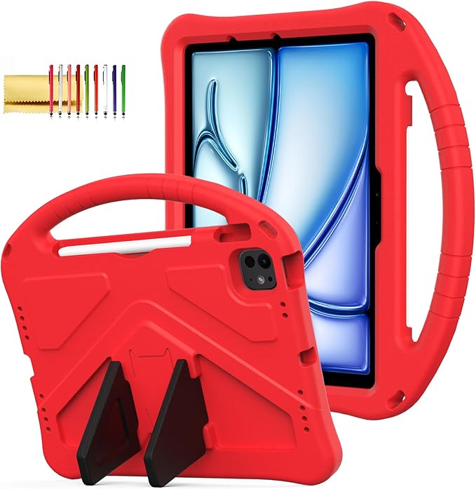 Kids Case for iPad Pro 11-inch (M5) 2025/(M4) 2024, Air 11" 2026 M4/M3/M2 Case with Pencil Holder, Techcircle Lightweight Shockproof EVA Foam Handle Stand Anti-Slip Grip Rugged Cover, Red