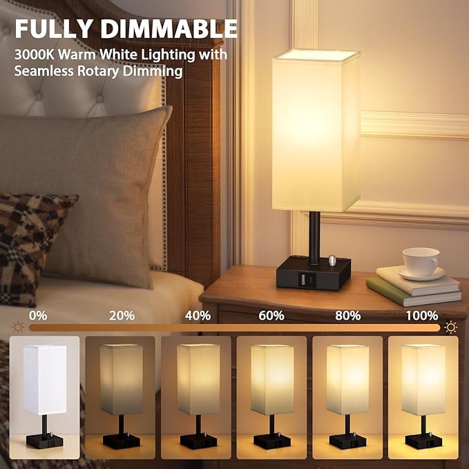 aooshine White Fully Dimmable Nightstand Lamps Set of 2 - Table Bedside Lamp with USB C+A Charging Ports & 2 AC Outlets, Square Lamp Sets Linen Fabric Shade for Bedroom Living Room(Bulb Included)