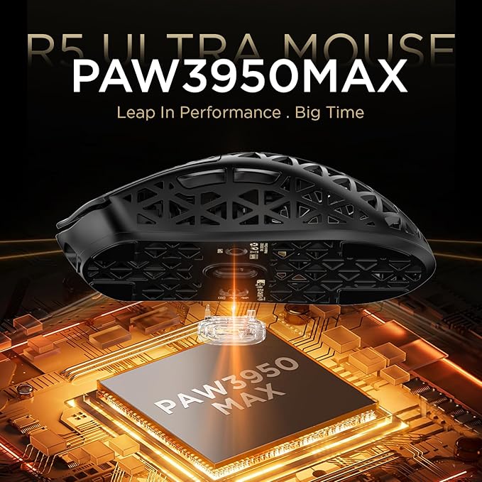 ATTACK SHARK R5 Ultra Carbon Fiber Wireless Gaming Mouse,39g Superlight Hollowed-Out,PAW3950MAX Optical Sensor Nordic 52840 MCU 8K Polling 42K DPI,Tri-Mode Programmable Mice with Coiled Cable-Black