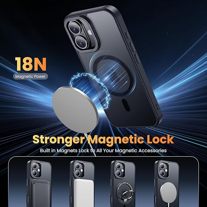 3 in 1 for iPhone 16 Plus Case Magnetic with 1X Screen Protector + 1X Camera Lens Protector [16FT Military-Grade Drop Protection] Translucent Matte Cover for iPhone 16 Plus 6.7", Black