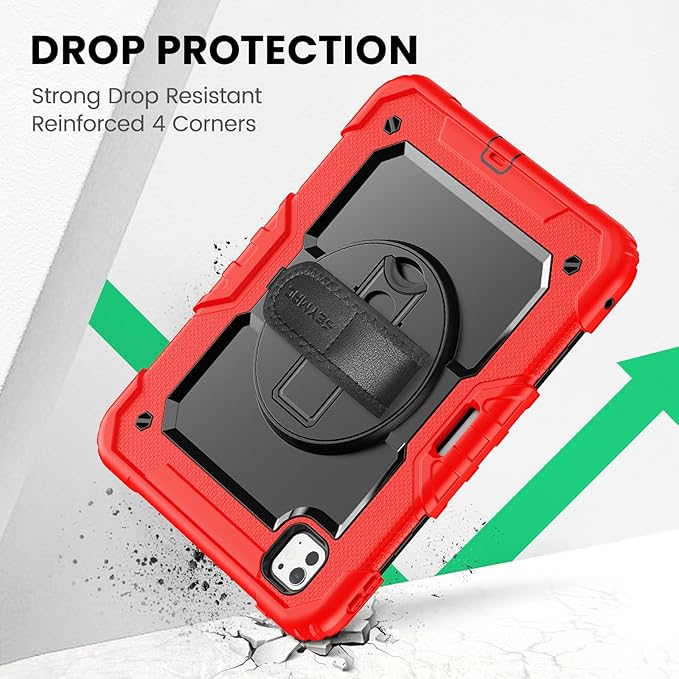 SEYMAC for iPad Pro 11 Inch Case M5 2025 / M4 2024, Heavy Duty Shockproof Protective Case with Screen Protector, 360° Rotating Stand, Hand/Shoulder Strap and Pen Holder, Red