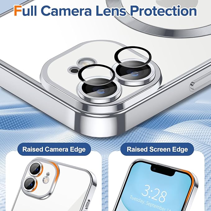 Hython Magnetic Clear for iPhone 11 Case with Camera Lens Protector [Compatible with MagSafe] Luxury Plating Edge Slim Soft TPU Cover Protective Phone Case for iPhone 11 6.1", Silver