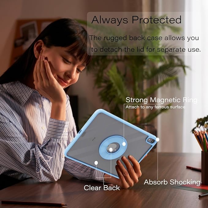 ZENLU iPad 10th 11th Generation Magnetic Case with Removable Folio Cover, Semi-Silicone Leather, Vertical Stand, Clear Back, Smart Sleep/Wake, Full Protective Case for iPad 10 & 11(A16) (Blue)