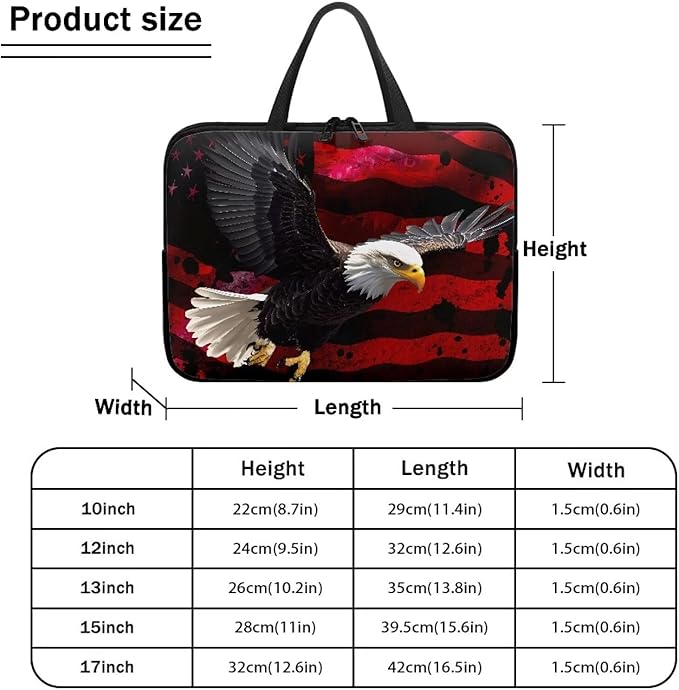 13 Inch American USA Flag Eagle Laptop Sleeve, Protective Tablet Case with Handle, Patriotic Computer Bag Carrying Case Notebook Cover Messenger Briefcase for Travel/Business/School