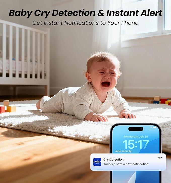 Veise 2K Indoor Camera for Home Security, 360° Wireless WiFi Pet & Baby Monitor with Phone App, AI Motion Detection, 2-Way Audio, Night Vision, SD/Cloud Storage, Works with Alexa & Google Home, 2.4GHz