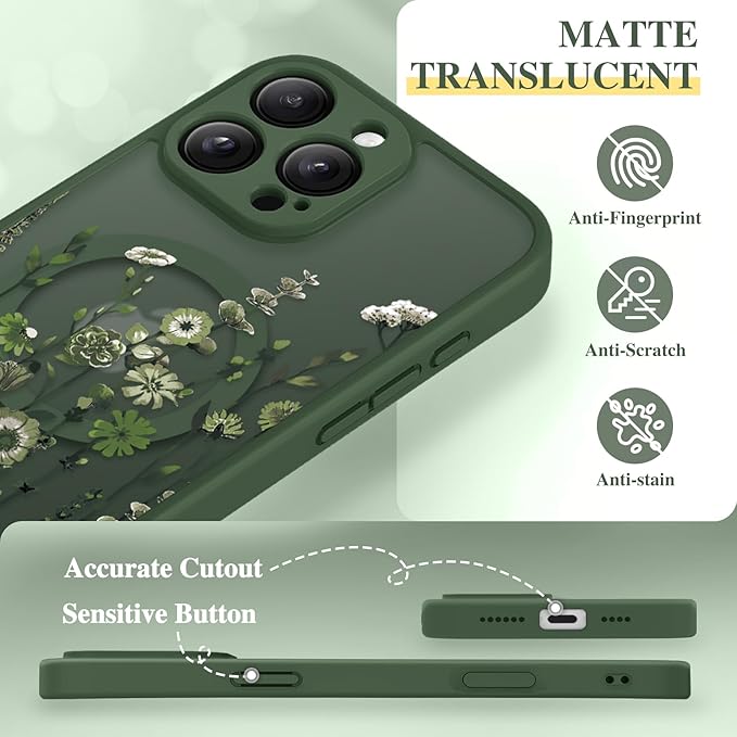 GVIEWIN for iPhone 16 Pro Max Case Compatible with MagSafe, [Military Grade Protection] [Screen Protector] Full Camera Protection Floral Translucent Women Magnetic Phone Case, Floratopia/Forest Green