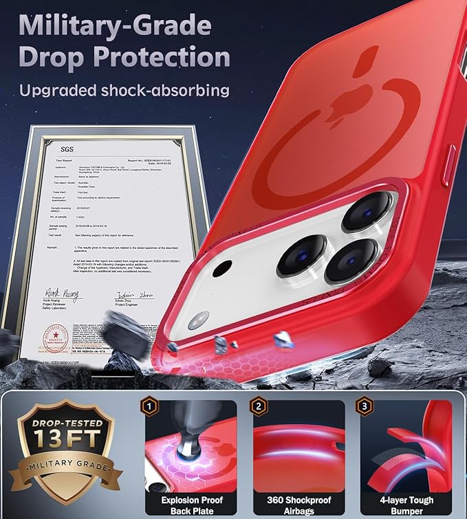 Newfuture Magnetic for iPhone 17 Pro Case [Compatible with Magsafe] [Military Grade Drop Protection] Translucent Matte Anti-Scratch Shockproof Protective Phone Case for iPhone 17 Pro 6.3 Inch, Red