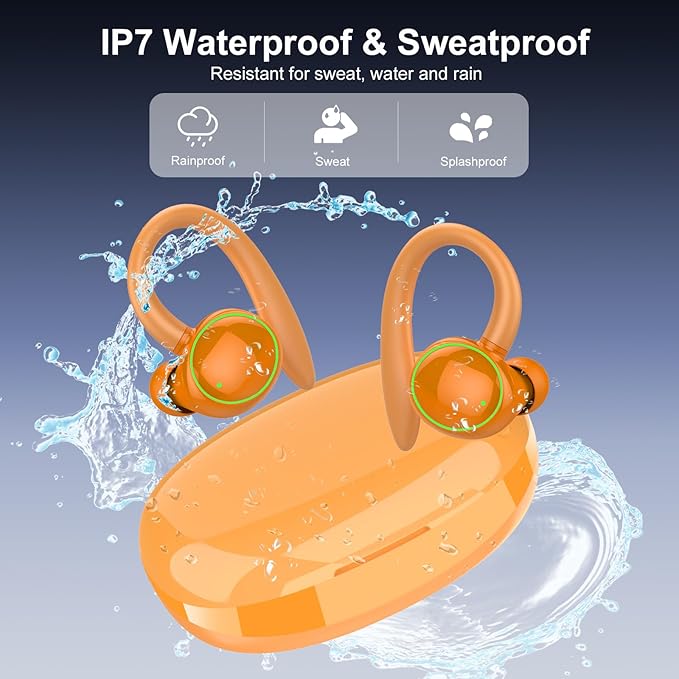 Wireless Earbuds, Bluetooth 5.4 Headphones Sport, Over Ear Buds With ENC Noise Cancelling Mic, 48H, Wireless Earphone With Earhooks, Stereo Deep Bass, IP7 Waterproof for Workout Running, Orange