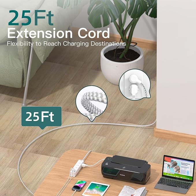 Addtam Power Strip Surge Protector with 12 AC Outlets & 4 USB Ports, 25FT Extra Long Extension Cord, Flat Plug Wall Mount, 1050J, Outlet Extender for Garage Workshop Basement Office, ETL Listed, White