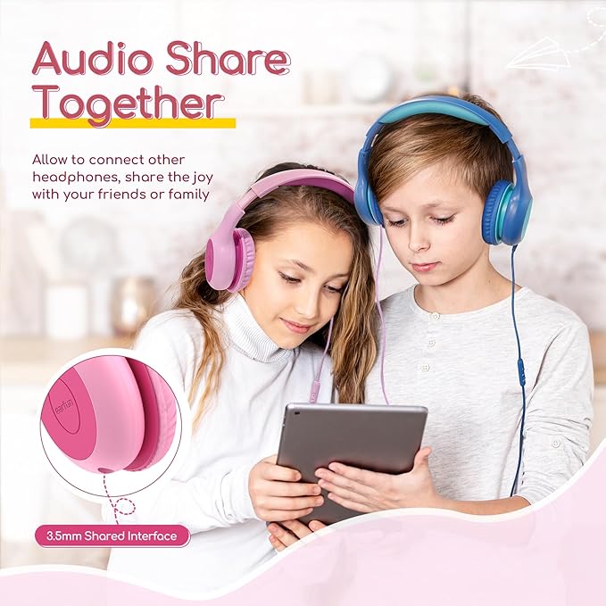 EarFun Kids Headphones Wired with Microphone, 85/94dB Volume Limit Headphones for Kids, Portable Wired Headphone with Shareport, Stereo Sound Foldable Headset for School/Tablet/Kindle Fuscia Pink