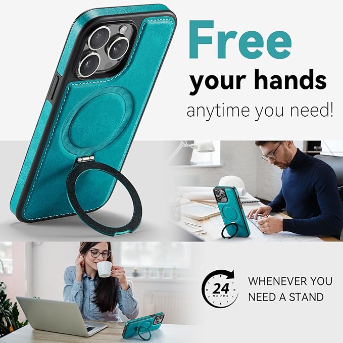 for iPhone 14 Pro Max Case with Stand, Compatible with MagSafe, Slim PU Leather & Durable TPU Protective Phone Cover Drop-Proof with Tempered Glass Screen Protector 6.7", Turquoise