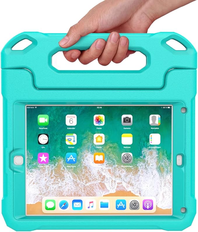 SUPLIK Kids Case for iPad 5th/6th Generation (9.7 inch, 2017/2018), iPad Air 1 & Air 2 & Pro 9.7 Case with Screen Protector, Durable Shockproof Protective Cover with Handle Stand, Cyan