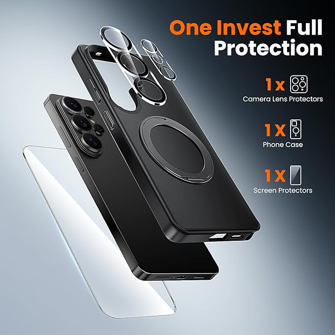 360°Ring Stand for Samsung Galaxy S26 Ultra Case with 1X Screen Protector +1X Camera Cover,Fit for MagSafe, Translucent Matte Cover & Scratch-Resistant Back Cover for Galaxy S26 Ultra 6.9", Black