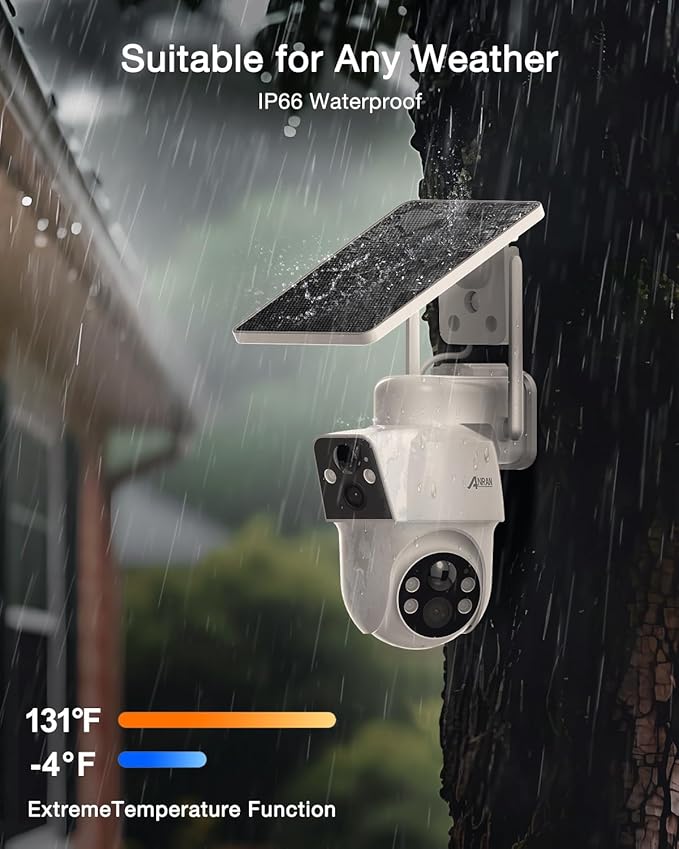 ANRAN Dual-Lens Solar Security Camera, 3MP Wireless Outdoor Camera for Home Security, 100% Wire-Free with Solar Panel, Color Night Vision, Motion Detection, 2.4GHz WiFi, IP66 Weatherproof