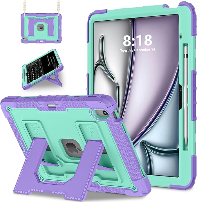 Kids Friendly Case for iPad Air 13 Inch M4 M3 M2 2026/2025/2024 Case with Pencil Holder & Shoulder Strap, Military Grade Shockproof Kickstand Hard Shell Protective Cover,Purple+Mint