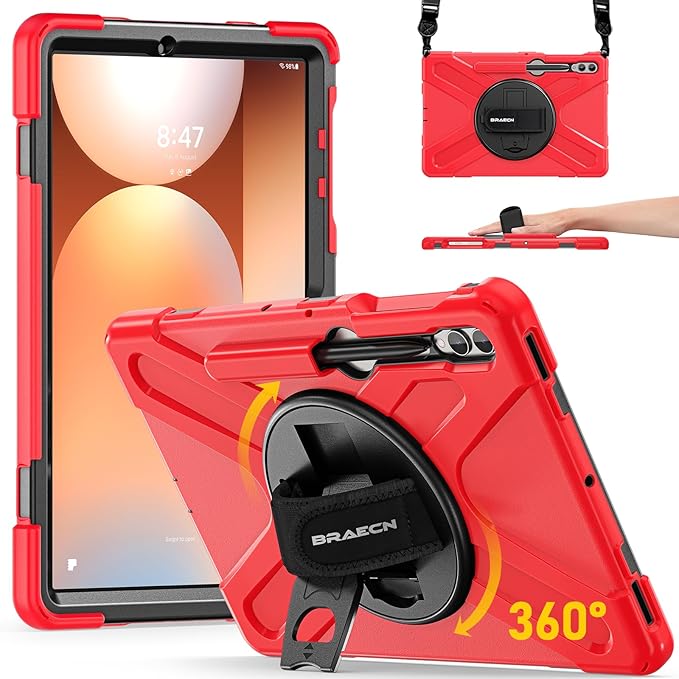 BRAECN for Samsung Galaxy Tab S10 Plus Case 2024/S9 Plus/S9 FE+/S8 Plus/S7 Plus /S7 FE 12.4 Inch,Heavy Duty Shockproof Case with S Pen Holder&360 Rotating Hand Strap/Kickstand Shoulder Strap,Red