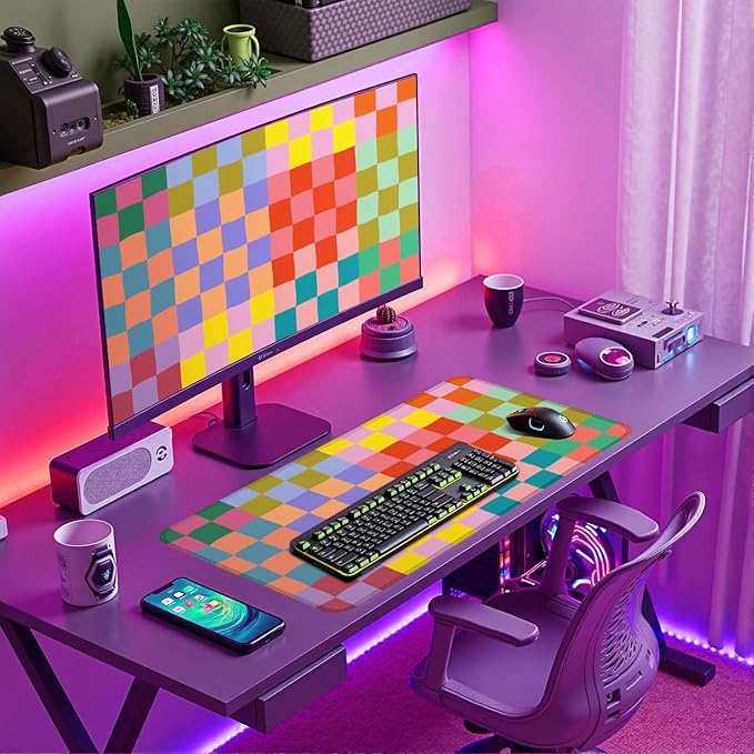 Checkered Desk Mat Retro Cute Mouse Pad XXL Large Mouse Pad, Desk Matt for Desktop Keyboard Pad Mouse Mat Computer Decor with Stitched Edges 31.5 X 15.7In
