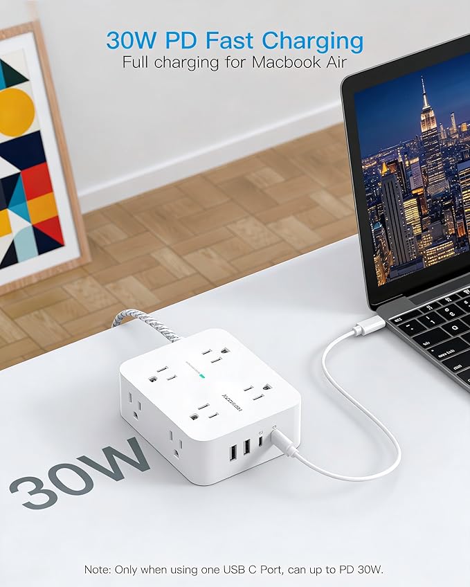 PD 30W USB C Power Strip Surge Protecor, HANYCONY 8 Outlets 4 USB(2 USB C Ports), 1080J Desk Charging Station for Multiple Devices, 10 Ft Flat Plug Extension Cord for College Dorm Room Essentials