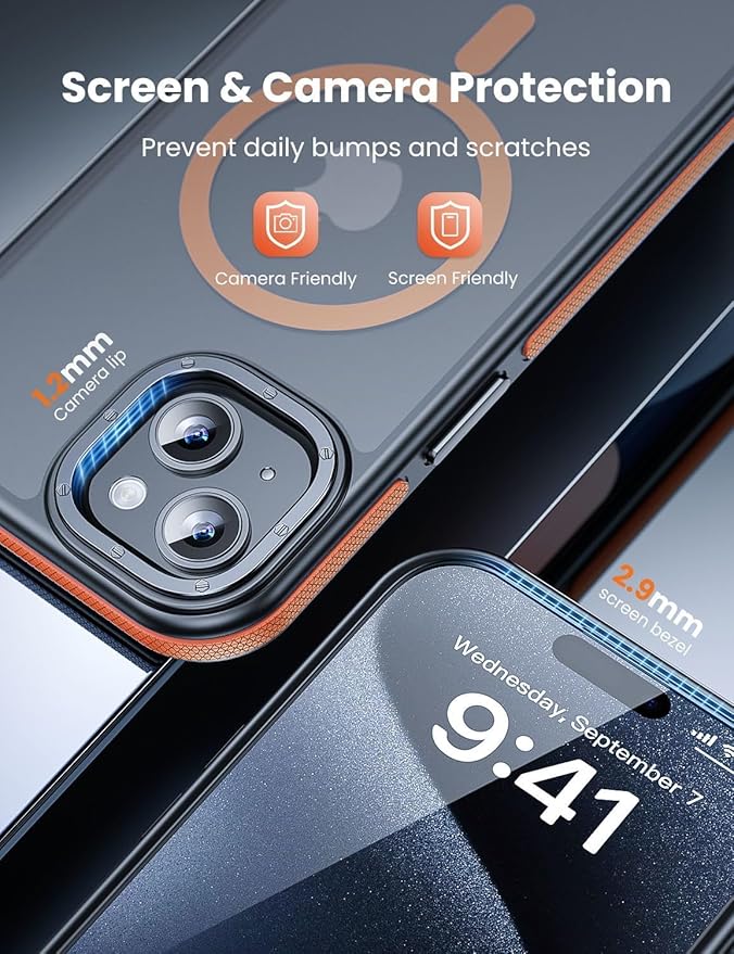 Tigowos for iPhone 15 Phone Case Fits MagSafe 10FT Drop Resistant Matte Skin Feeling Back Cover for iPhone 15 Case，Bumper Orange
