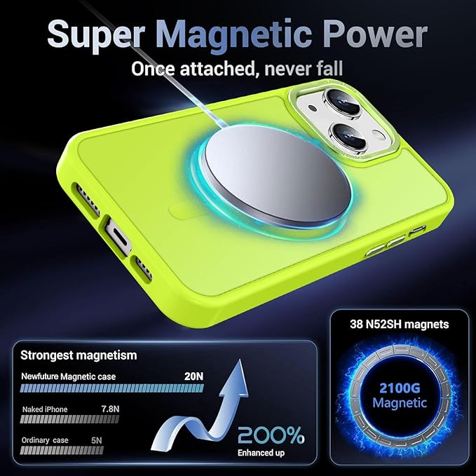 Newfuture Designed for iPhone 13 Case & iPhone 14 Case with Magnetic [13 FT Military Drop Protection] [Compatible with Magsafe] Slim Shockproof with Anti-Fingerprint Phone Case, Fluorescent Green
