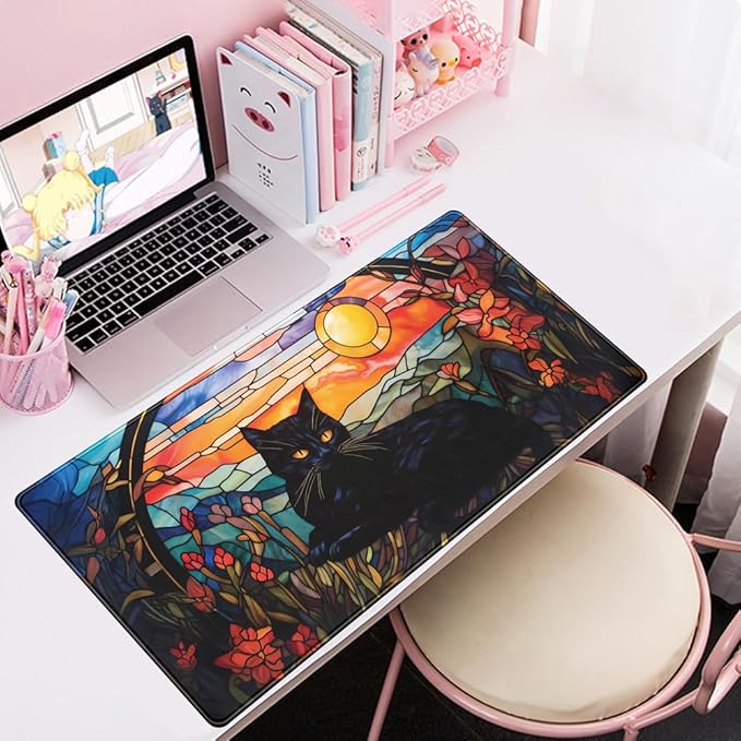 Mechanical Cattle Black Cat Desk Mat Vintage Sunset XXL Large Mouse Pad Laptop Desk Mousepad with Stitched Edges, Keyboard Pad Mouse Mat for Work Game Office Desk Accessories 31.5x15.7 in