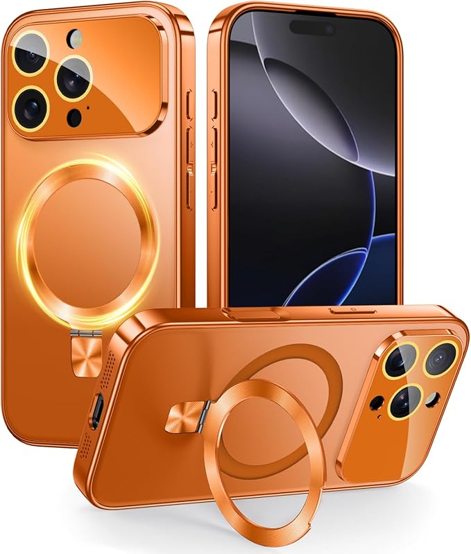 TOBOVON Magnetic for iPhone 16 Pro Case with Ring Stand, Fits MagSafe, with Built-in Camera Lens Protector, Slim Electroplated Shockproof Phone Cover, Orange