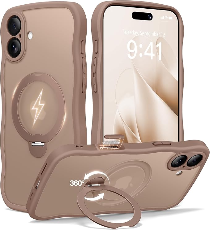 CAPRARO for iPhone 16 Plus Case with 360° Spin Magnetic Stand for Women, [Compatible with MagSafe] [Full Camera Protection] Cute Wave Translucent Matte Case for iPhone 16 Plus, Brown