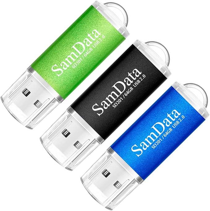 SamData 3 Pack 64GB USB Flash Drives USB 2.0 Thumb Drives Memory Stick Jump Drive Zip Drive, 3 Colors: Green Black Blue
