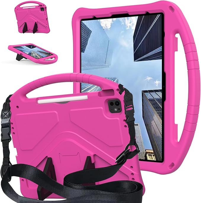 YRH Kids Case for iPad Air 13-in. M4/M3/M2 (2026/2025/2024), for iPad Pro 13-in. M5/M4 (2026/2024), with Strap Handle Stand, Pink
