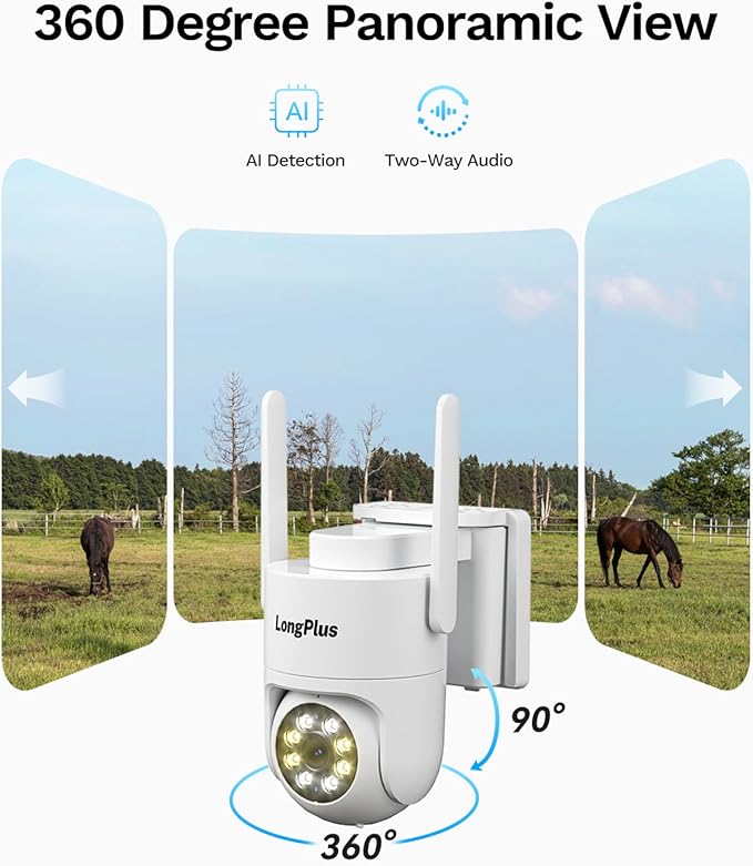 4G LTE Cellular Solar Security Cameras Wireless Outdoor, AOV 24/7 Recording, No WiFi Needed Security Camera, 2K Color Night Vision, 360° View, PIR Motion Detection, Pan Tilt, Built in SIM & SD Card