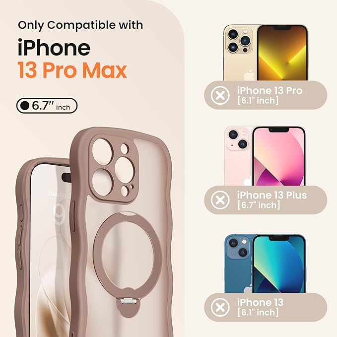 CAPRARO for iPhone 13 Pro Max Case with 360° Spin Magnetic Stand for Women, [Compatible with MagSafe] [Full Camera Protection] Cute Wave Translucent Matte Case for iPhone 13 Pro Max, Brown