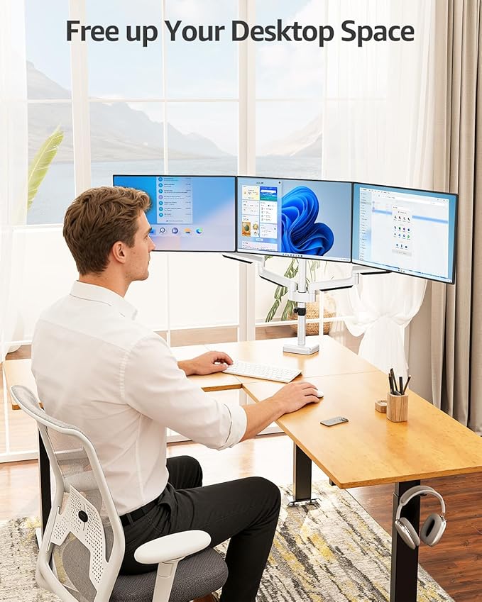 MOUNTUP Triple Monitor Stand Mount - 3 Monitors Desk Mount for Computer Screens Up to 27 inch, Triple Monitor Arm, Heavy Duty Monitors Stand, Each Arm Holds 4.4-19.8 lbs, White