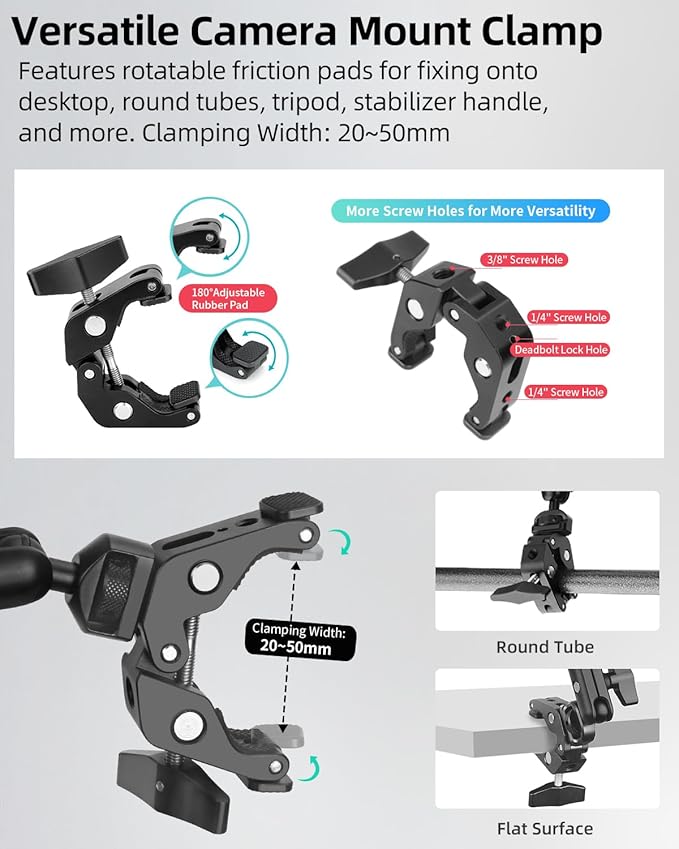 22" Magic Arm w Clamp, Overhead Phone Mount, Desk Camera Mount w Articulating Friction Boom Arm Thread Adapter, for Phone Video Light Webcam Microphone Action Camera Content Creators