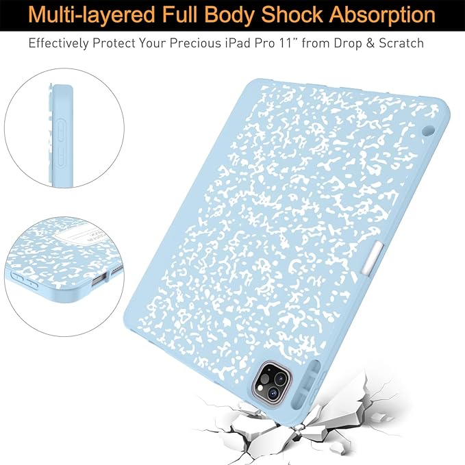 Soke for iPad Pro 11 Case (M2) 2022/2021/2020 with Pencil Holder - [Full Body Protection + Apple Pencil Charging + Auto Wake/Sleep], Soft TPU Back Cover for 2022 iPad Pro 11 inch(Book Ice Blue)